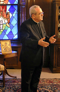 Cardinal Justin Rigali discusses the visit of Pope Benedict XVI to the United States during a briefing at the Cathedral Basilica of SS. Peter and Paul rectory.