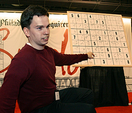 Thomas Snyder, 27, from Palo Alto, Calif., shows his winning puzzle at the 2007 Philadelphia Inquirer Sudoku National Championship, held in October. Snyder was the winner of the 3rd annual World Sudoku Championship in Goa, India, after earning his place on the U.S. Team as a result of his Inquirer championship.