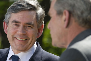 British Prime Minister Gordon Brown joins President Bush at a Rose Garden news conference after the two leaders met privately at the White House.