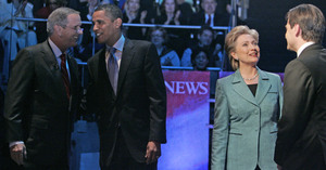 ABC News' Charles Gibson (left) and George Stephanopoulos greet Barack Obama and Hillary Clinton before the debate.