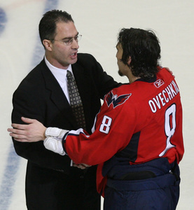 Flyers coach John Stevens shakes hand of Capitals' Alex Ovechkin after game.