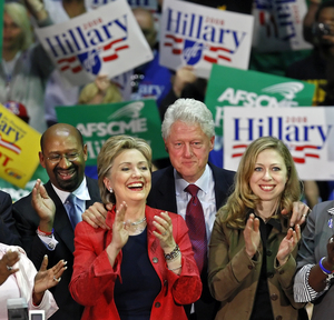 Mayor Nutter, Hillary, Bill and Chelsea Clinton at the end of the election eve rally at the Palestra this week.