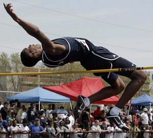 Montez Blair of Timber Creek clears the high-jump bar at 6 feet, 10 inches at the Woodbury Relays. He won the event at 7-0.
