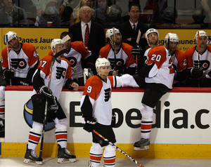 Flyers await official ruling on Alex Kovalev's shorthanded goal in second period.