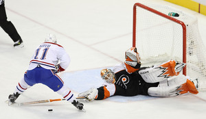 Flyers goalie Marty Biron, stopping Montreal's Saku Koivu in Game 3, grew up as a fan of the Quebec Nordiques.