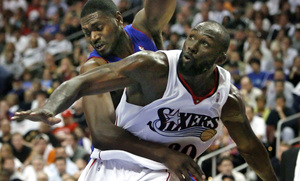 The 76ers' Reggie Evans skirmishes with Jason Maxiell in Game 4. In a pivotal second half, the Pistons hit five of 10 three-pointers while the Sixers were 2 for 8.