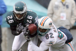 Lito Sheppard (left), shown in November game with Dolphins, has 4 years left on contract extension.