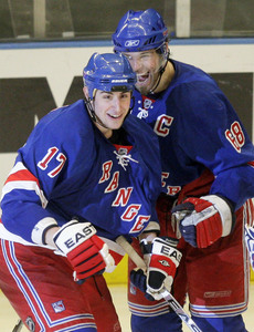 Rangers Brandon Dubinsky (left) and Jaromir Jagr, after Dubinsky scored against the Penguins in Game 4.