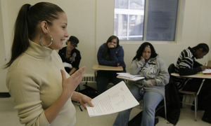 Kandice Davies at the head of a class in Gateway to College, which offers courses and tutoring toward a diploma.