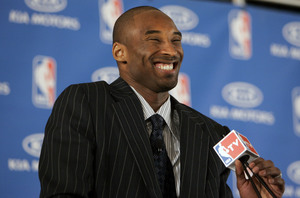 Kobe Bryant reacts to a question at NBA MVP news conference.