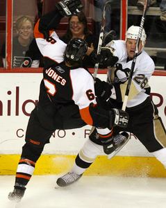 Randy Jones and Penguins' Adam Hall get physical in what could be preview of the Eastern finals.