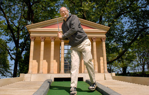 Franz Lidz shows his form on the miniature golf course in Philadelphia's Franklin Square. A new collection of his articles, "Fairway to Hell," showcases an irreverent take on the sport.