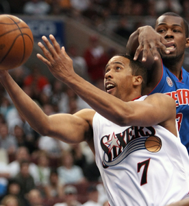 Andre Miller, driving past the Pistons' Rodney Stuckey, avoided saying whether he'd like to be a Sixer beyond next year.