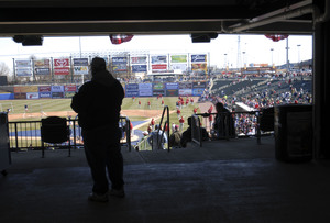 Fans watch batting practice before opening of IronPigs' ballpark in Allentown.