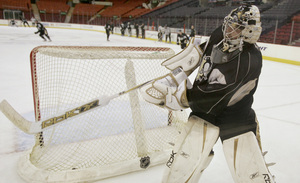 Penguins goalie Marc-Andre Fleury, at practice yesterday, has played well in the first two rounds of the playoffs.