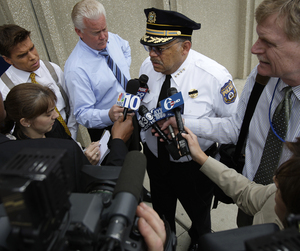 Police Commissioner Charles Ramsey at Police Headquarters yesterday. Ramsey has urged Philadelphians and citizens nationwide not to rush to judgment about the police beatings.