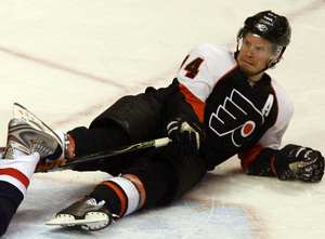 Flyers defenseman Kimmo Timonen was knocked out of playoffs by a shot that hit his foot in Game 4 against Montreal.