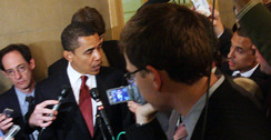 Barack Obama talks with reporters after meetings at the Capitol.
