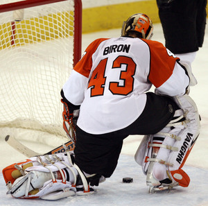 Martin Biron reacts after Maxime Talbot's goal 8:51 into third period that stood up as game-winner.