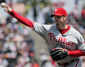 Phils starter Adam Eaton pitched in and out of trouble through five-plus innings against Giants.