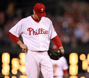 Brett Myers waits to get lifted in the fifth inning of another poor outing.