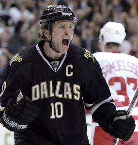 Stars' Brenden Morrow reacts after scoring against Red Wings in Game 4.