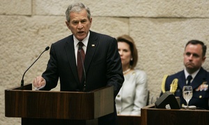 President Bush speaks during a special session of the Israeli Knesset in Jerusalem, where he said: "Some seem to believe that we should negotiate with the terrorists and radicals, as if some ingenious argument will persuade them," apparently targeting Sen. Barack Obama.