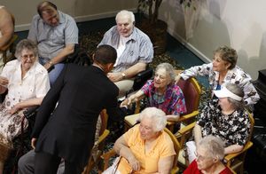 Sen. Barack Obama at senior community in Gresham, Ore., yesterday.