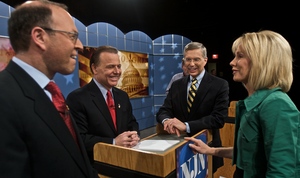 Before the Republican debate, (from left) Murray Sabrin, Joseph Pennacchio and Dick Zimmer get final instructions from moderator Kent Manahan in a New Jersey Network studio in Trenton. All three candidates stressed their fiscal-conservative credentials during last night's debate.