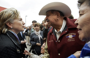 Sen. Hillary Clinton greets supporters at Little Wound School in Kyle, S.D., yesterday.