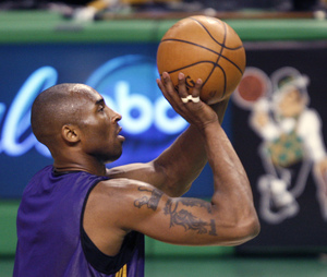 Kobe Bryant, this season's MVP, works out in Boston yesterday.