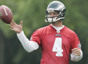 Kevin Kolb works during drills. With Donovan McNabb nursing a sore shoulder, Kolb is practicing with the first-team offense quite a bit during minicamp.