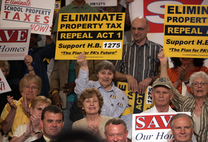A Harrisburg rally this month cheered on Rep. Sam Rohrer, whose House Bill 1275 would replace property taxes with an expanded sales tax. The House voted down a similar proposal in January.