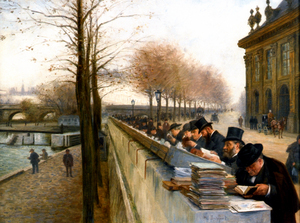 1906, depicting top- hatted Frenchmen browsing at one of Paris' famed open-air book stalls, is expected to sell for $15,000 to $25,000.