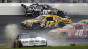 Lap 280 proved problematic for Clint Bowyer (07) and Sam Hornish Jr. (bottom left), who crashed during the Lenox Industrial Tools 301 in Loudon, N.H.