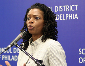 School Reform Commission Chairwoman Sandra Dungee Glenn speaks yesterday about the school district's improving test scores.