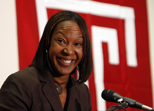 Tonya Cardoza, who spent 14 years as an assistant at Connecticut, was introduced ata news conference yesterday at the Liacouras Center.
