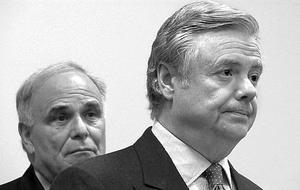 Sen. Vince Fumo (right), seen with Gov. Rendell in March, said he won't return to the Senate.