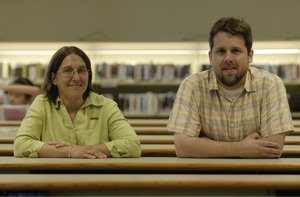 Singing the praises of a collection agency that uses seminary students are director Martina Kominiarek and Det Ansinn at the Bucks County Free Library.