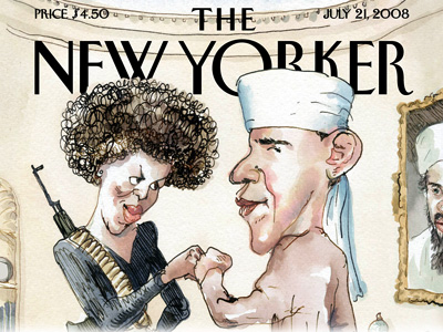 The cover illustration in the July 21, 2008, issue of The New Yorker, depicts Barack Obama dressed as a Muslim and his wife as a terrorist. The magazine says the cover is meant as satire, but the Obama campaign called it "tasteless and offensive." (AP Photo/New Yorker)