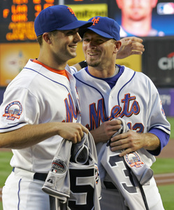 New York Mets David Wright and Billy Wagner hold their all-star shirts. Wagner says he misses Barry Bonds, who was always good for a ride to the stadium for the All-Star Game.