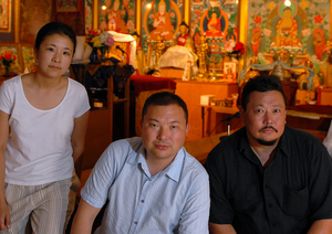 Telo Tulku Rinpoche (center), head lama of Kalmykia, with Alene Gerel Tchourumoff (left) and Sean Tchourumoff.