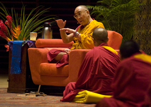 The Dalai Lama, spiritual leader of Tibetan Buddhism, speaks at the Kimmel Center after visiting a Buddhist temple in North Philadelphia. His core message while in town yesterday was that ritual observance isn’t enough. “It is very, very essential to study Buddhist philosophy” and to practice kindness and compassion. 