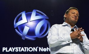 Sony's Jack Tretton announcing the new Sony PlayStation Network Tuesday in Los Angeles.