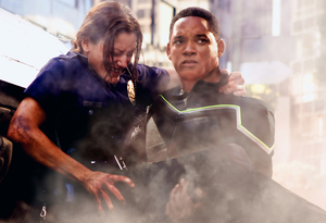 In "Hancock," Will Smith, the flawed hero finally living up to his supergifts, saves a cop (Liz Wicker) before taking out a gang of bank robbers.
