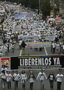 The concert coincided with independence day in Colombia, where crowds in T-shirts reading "Free them now" marched.