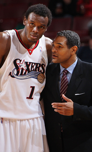 "Sam is an integral part of our team, and he's tried to do everything I've asked him to do," said Sixers head coach Maurice Cheeks, shown with Samuel Dalembert in February.
