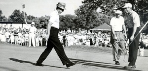 Winner Dow Finsterwald (center) and Doug Ford watch Sam Snead walk across Llanerch's 18th green at the 1958 PGA Championship.