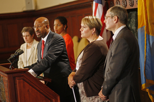Mayor Nutter with (from left) Joan Markman, city's chief integrity officer; Shelley R. Smith, solicitor; and Anne Marie Ambrose of DHS.