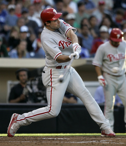 Phillies' Pat Burrell hits a solo homer in the sixth inning last night. The game against the Padres in San Diego ended too late for this edition. Check it out online at http://www.philly.com/dailynews/